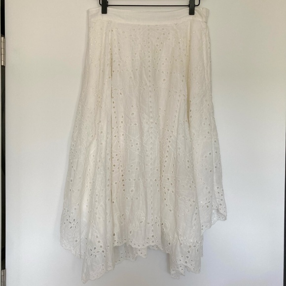 By Anthropologie EYELET ASYMMETRICAL MIDI SKIRT in Ivory - Picture 3 of 9